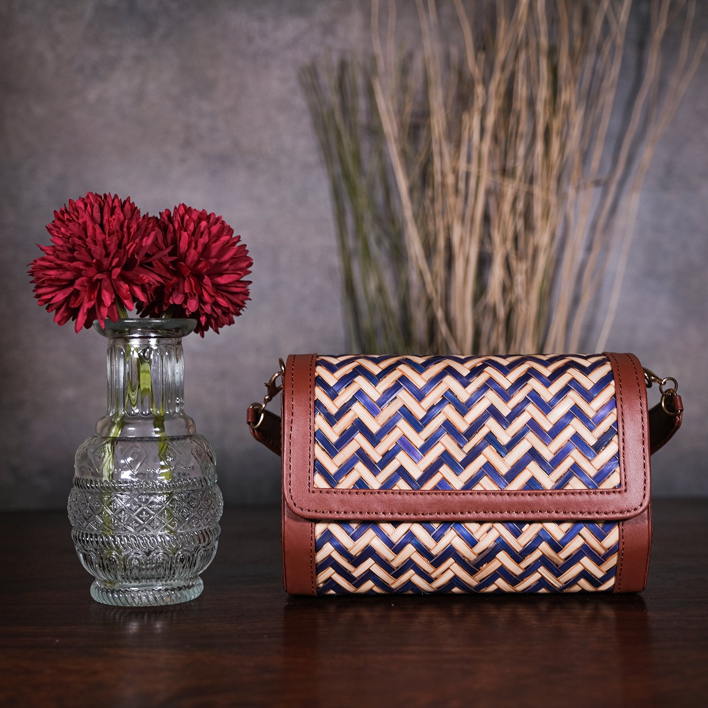 Ladies Mini Sling Bag - Blue & Biege